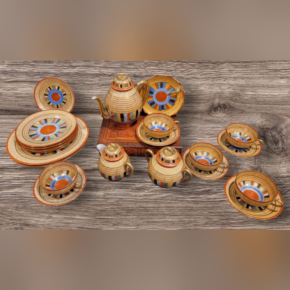 VTG 1920s Japanese Thousand Faces Delicate Egg Shell 21 Pc Tea Set, Cups Saucers